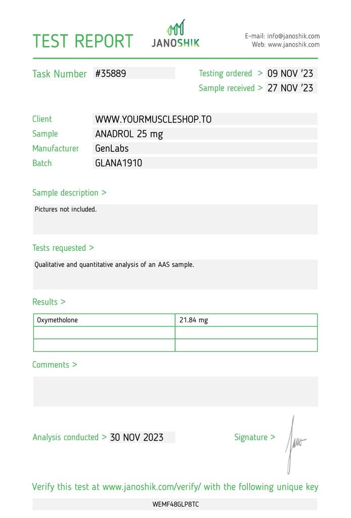 ANADROL 25 (OXYMETHOLONE) – 25MG / PER TAB – 200 TABLETS – GENLABS - Image 2